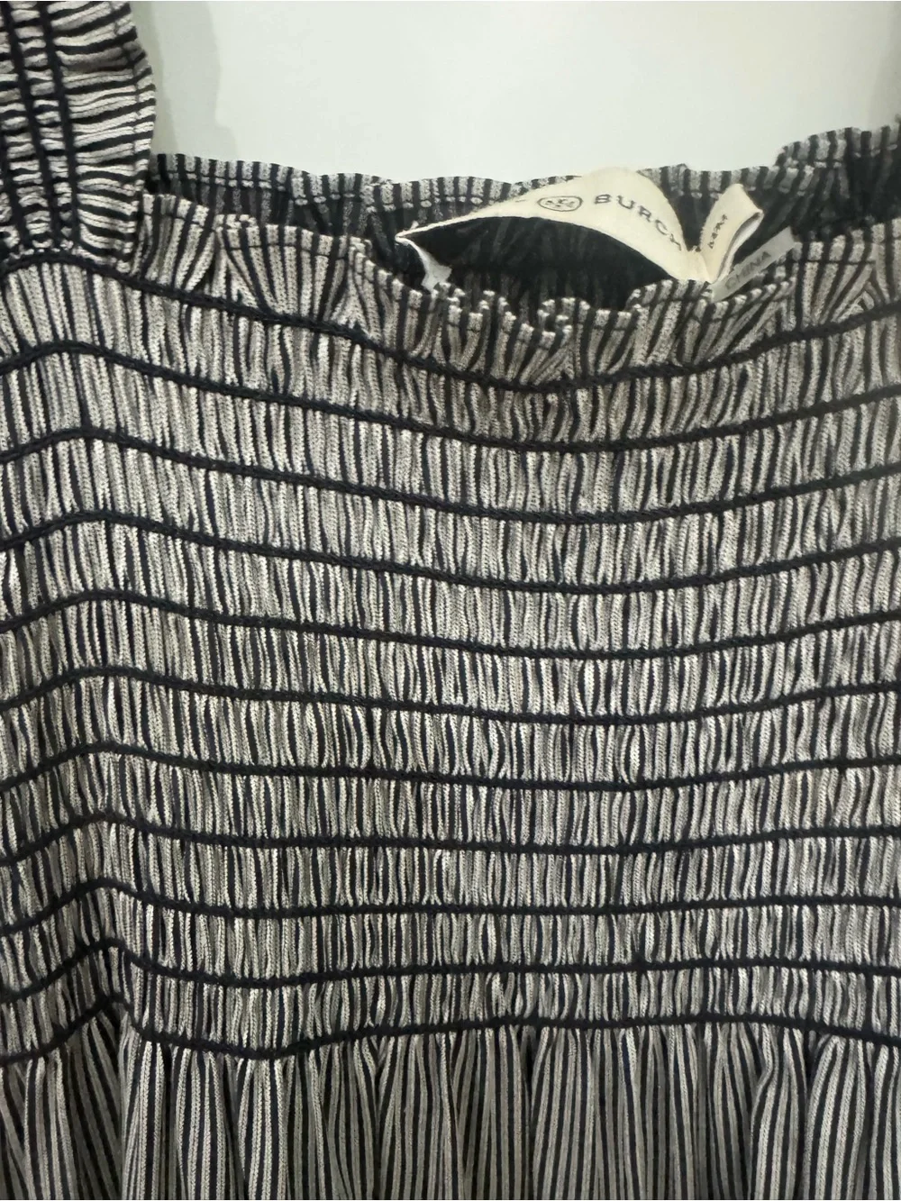 Tory Burch Black and White Striped Smocked Maxi Dress